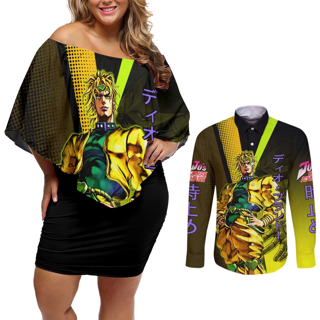 Dio Brando JoJo’s Bizarre Adventure Couples Matching Off Shoulder Short Dress and Long Sleeve Button Shirt with The World Stand and Comic Graphic - The Mazicc