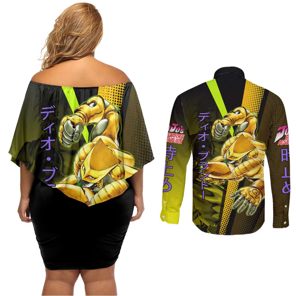 Dio Brando JoJo’s Bizarre Adventure Couples Matching Off Shoulder Short Dress and Long Sleeve Button Shirt with The World Stand and Comic Graphic - The Mazicc