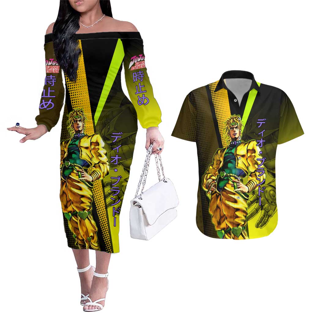 Dio Brando JoJo’s Bizarre Adventure Couples Matching Off The Shoulder Long Sleeve Dress and Hawaiian Shirt with The World Stand and Comic Graphic - The Mazicc