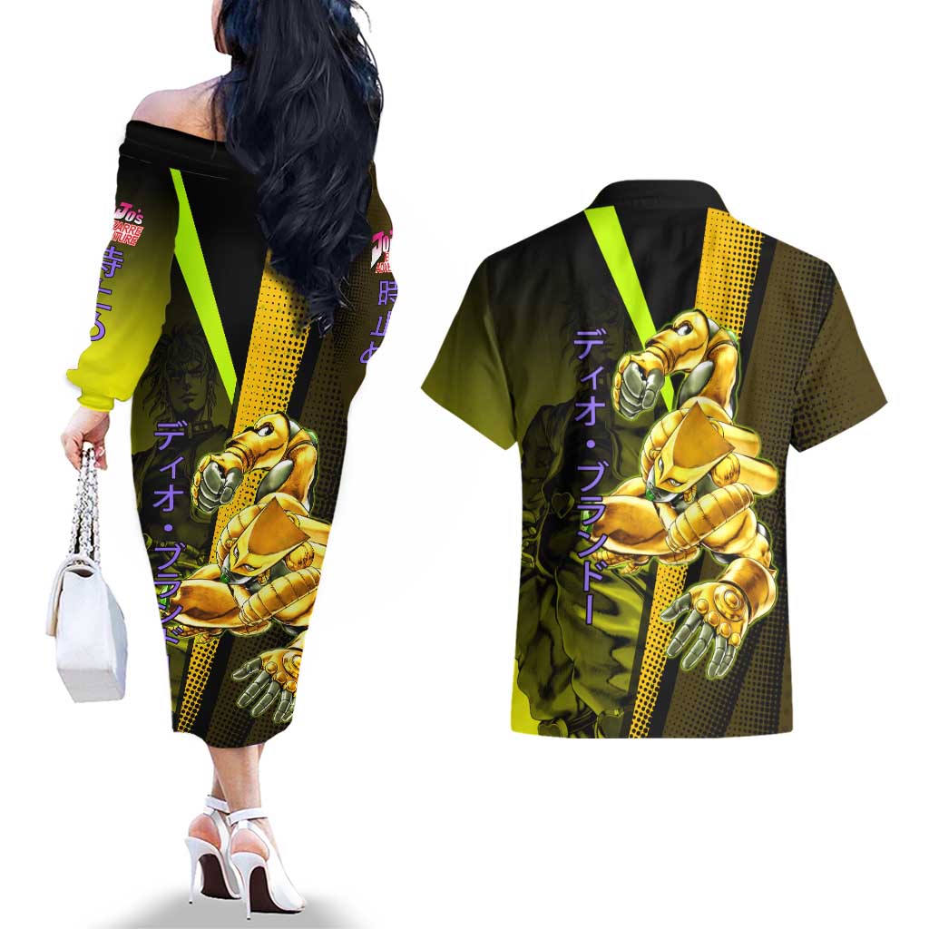 Dio Brando JoJo’s Bizarre Adventure Couples Matching Off The Shoulder Long Sleeve Dress and Hawaiian Shirt with The World Stand and Comic Graphic - The Mazicc