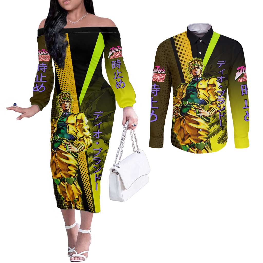 Dio Brando JoJo’s Bizarre Adventure Couples Matching Off The Shoulder Long Sleeve Dress and Long Sleeve Button Shirt with The World Stand and Comic Graphic - The Mazicc