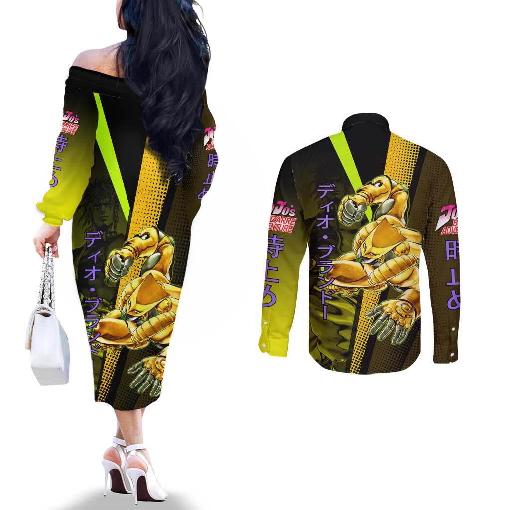 Dio Brando JoJo’s Bizarre Adventure Couples Matching Off The Shoulder Long Sleeve Dress and Long Sleeve Button Shirt with The World Stand and Comic Graphic - The Mazicc