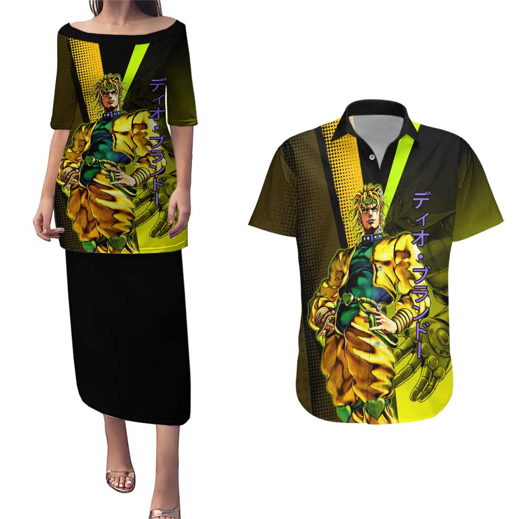 Dio Brando JoJo’s Bizarre Adventure Couples Matching Puletasi and Hawaiian Shirt with The World Stand and Comic Graphic - The Mazicc
