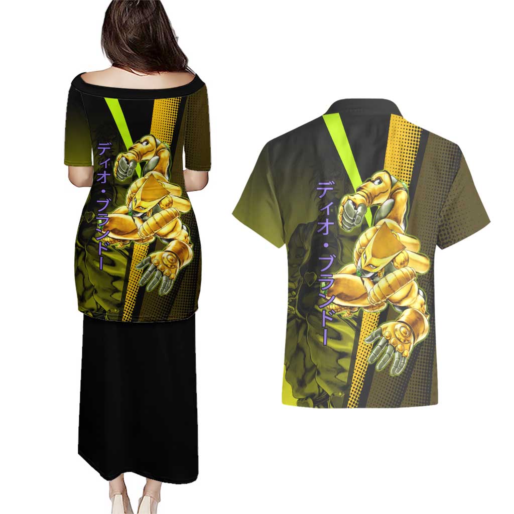 Dio Brando JoJo’s Bizarre Adventure Couples Matching Puletasi and Hawaiian Shirt with The World Stand and Comic Graphic - The Mazicc