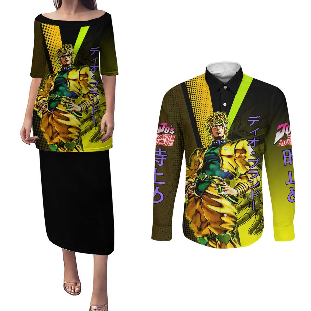 Dio Brando JoJo’s Bizarre Adventure Couples Matching Puletasi and Long Sleeve Button Shirt with The World Stand and Comic Graphic - The Mazicc