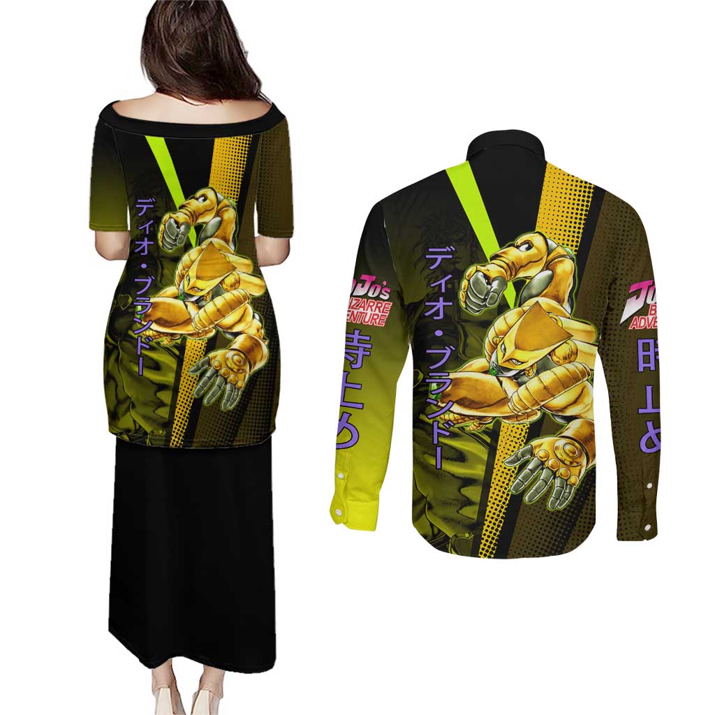 Dio Brando JoJo’s Bizarre Adventure Couples Matching Puletasi and Long Sleeve Button Shirt with The World Stand and Comic Graphic - The Mazicc