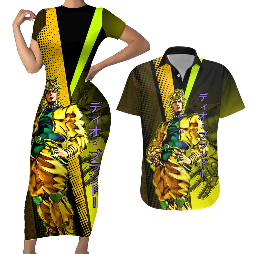 Dio Brando JoJo’s Bizarre Adventure Couples Matching Short Sleeve Bodycon Dress and Hawaiian Shirt with The World Stand and Comic Graphic - The Mazicc
