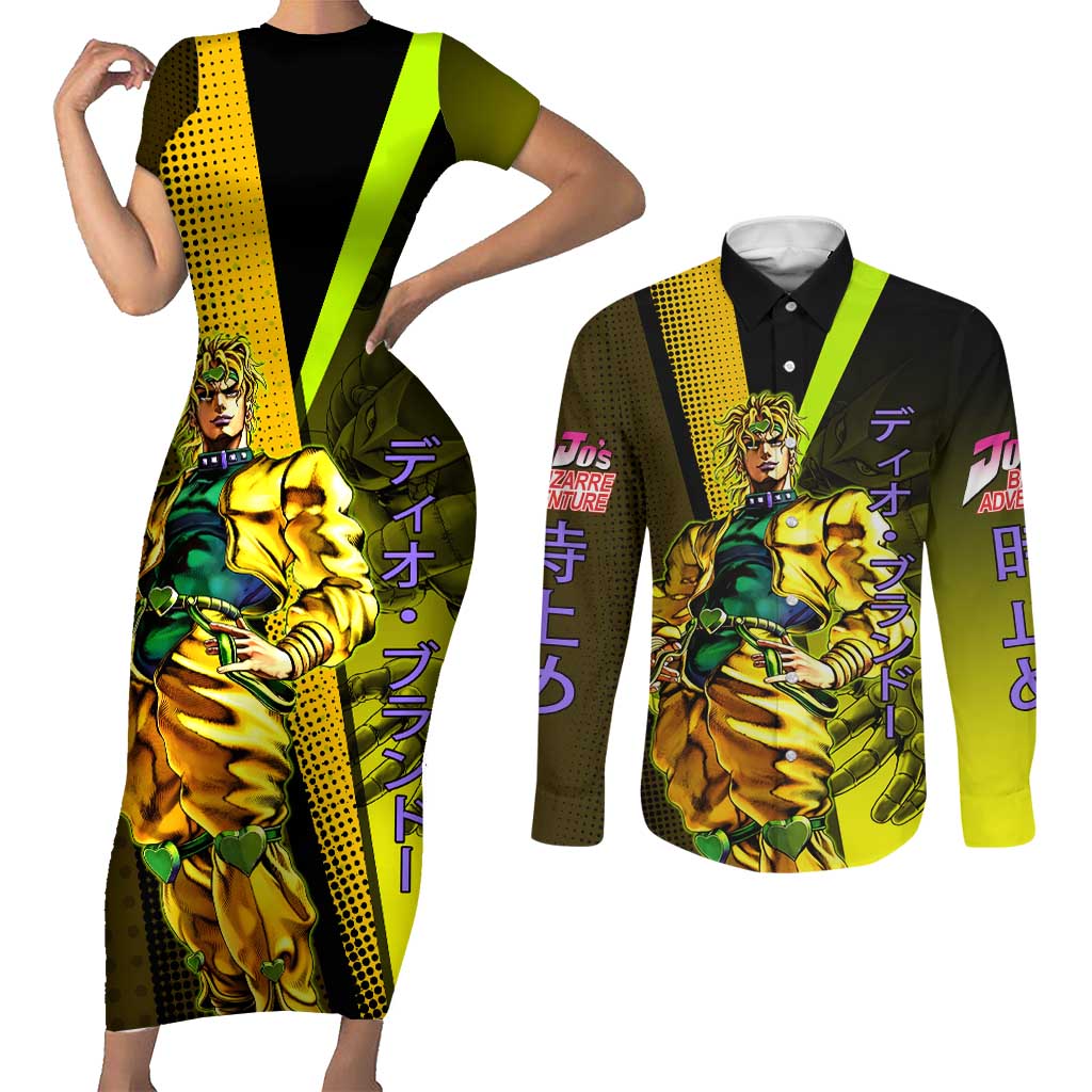 Dio Brando JoJo’s Bizarre Adventure Couples Matching Short Sleeve Bodycon Dress and Long Sleeve Button Shirt with The World Stand and Comic Graphic - The Mazicc