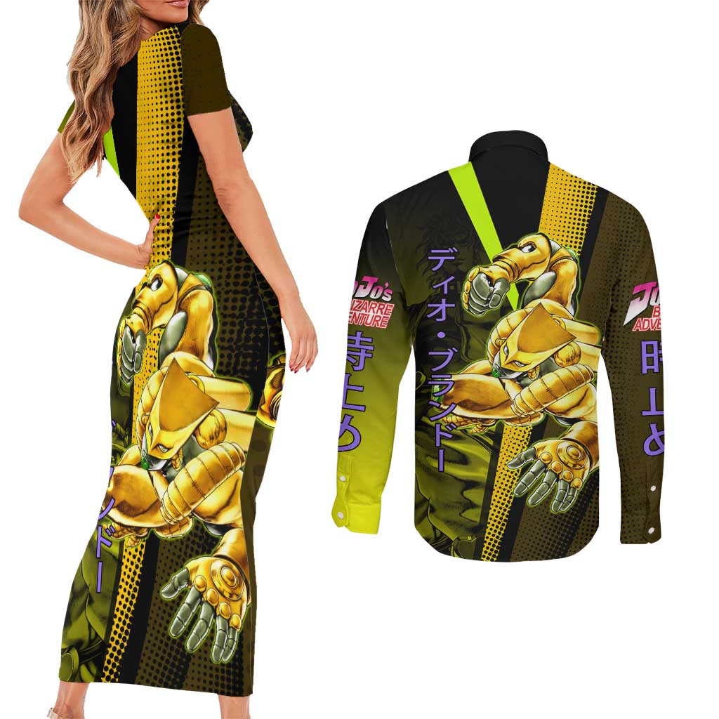 Dio Brando JoJo’s Bizarre Adventure Couples Matching Short Sleeve Bodycon Dress and Long Sleeve Button Shirt with The World Stand and Comic Graphic - The Mazicc