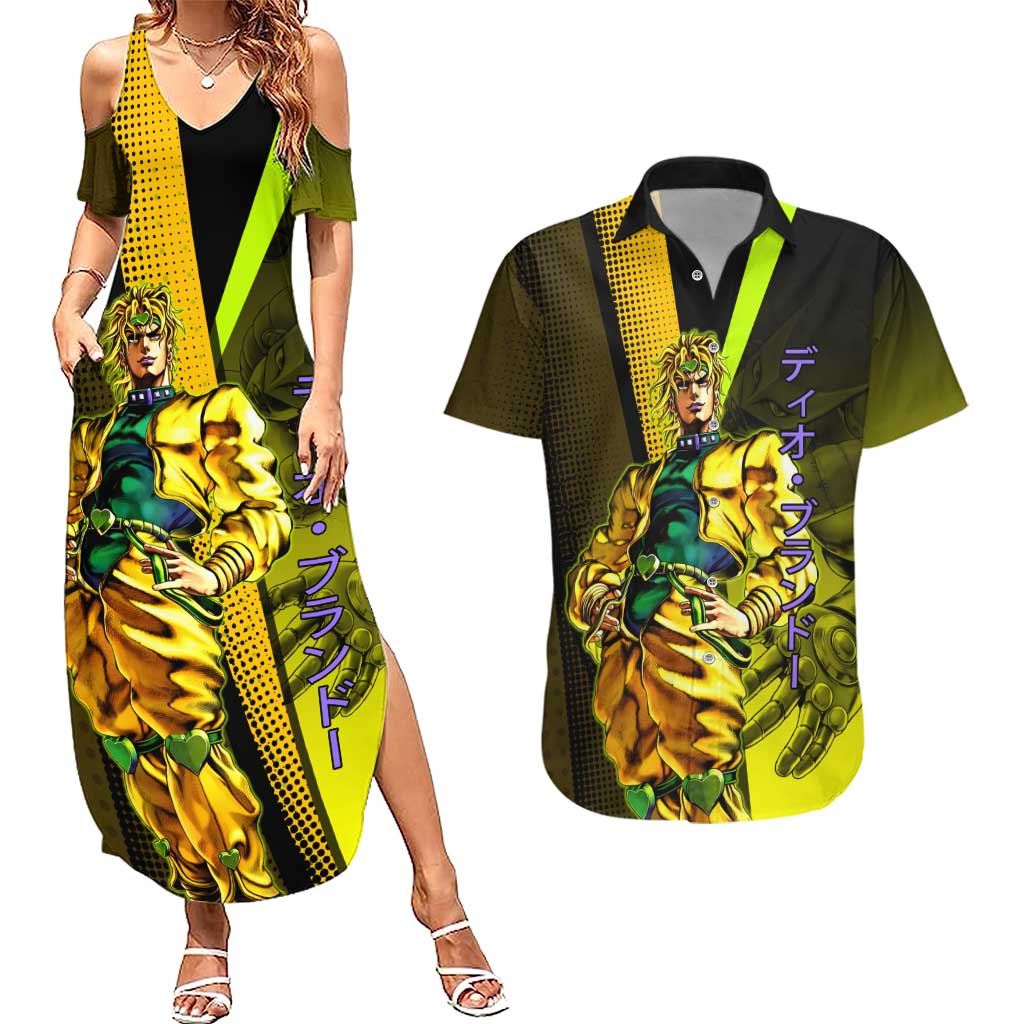Dio Brando JoJo’s Bizarre Adventure Couples Matching Summer Maxi Dress and Hawaiian Shirt with The World Stand and Comic Graphic - The Mazicc