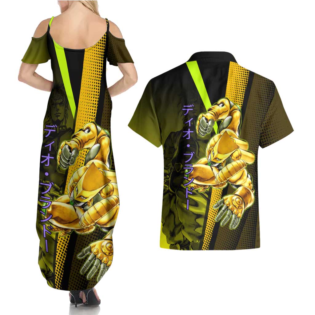 Dio Brando JoJo’s Bizarre Adventure Couples Matching Summer Maxi Dress and Hawaiian Shirt with The World Stand and Comic Graphic - The Mazicc