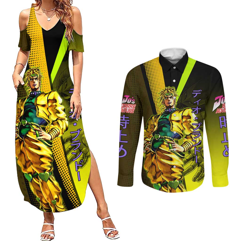 Dio Brando JoJo’s Bizarre Adventure Couples Matching Summer Maxi Dress and Long Sleeve Button Shirt with The World Stand and Comic Graphic - The Mazicc