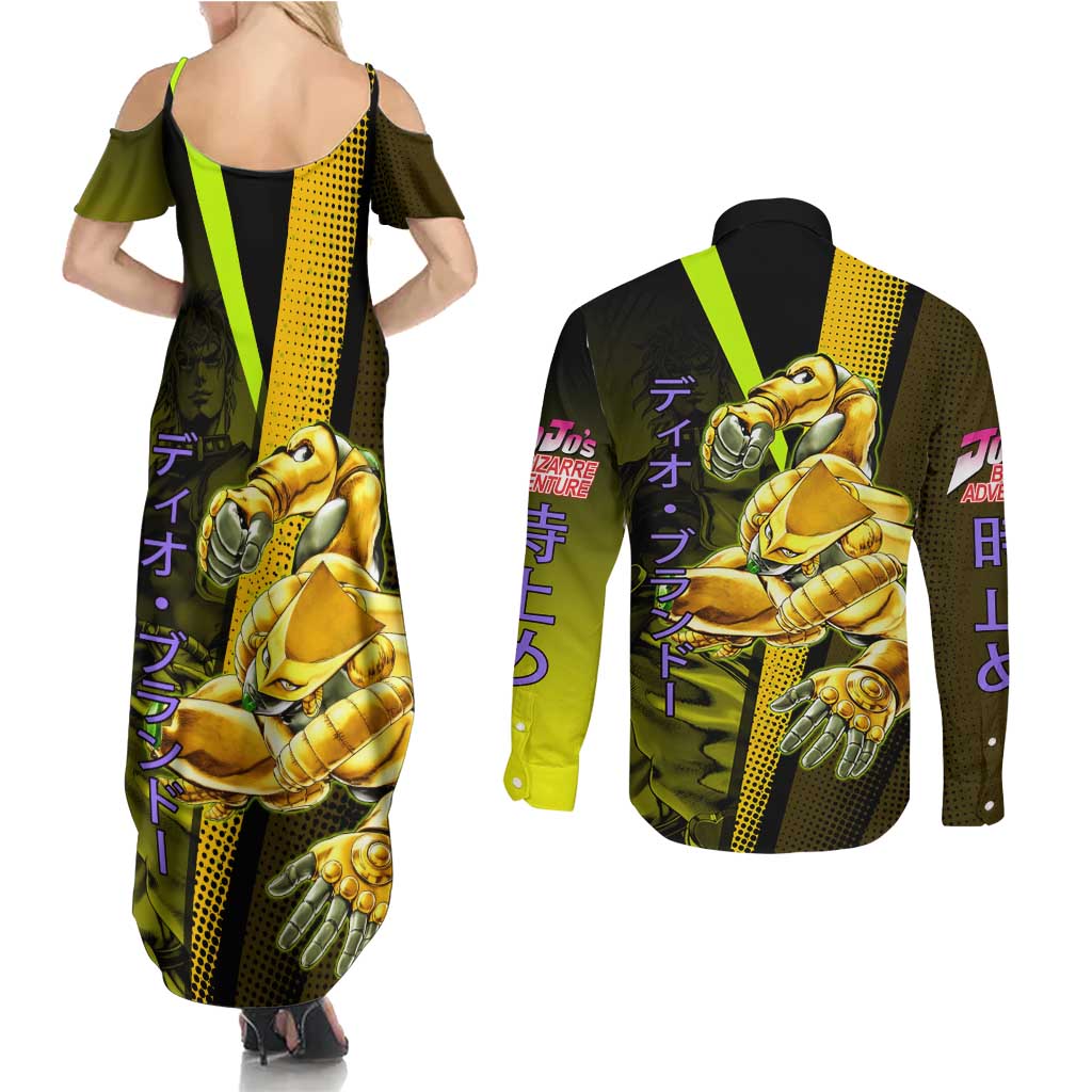 Dio Brando JoJo’s Bizarre Adventure Couples Matching Summer Maxi Dress and Long Sleeve Button Shirt with The World Stand and Comic Graphic - The Mazicc