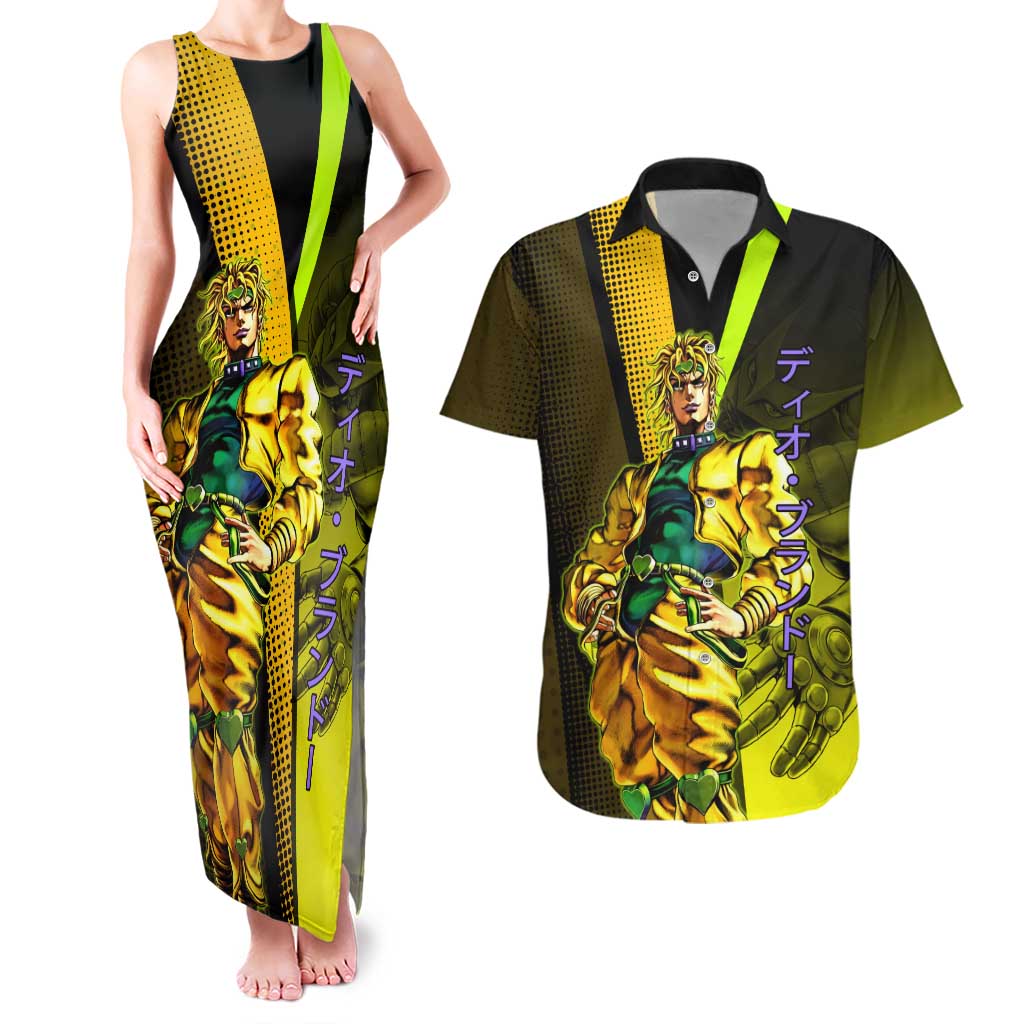 Dio Brando JoJo’s Bizarre Adventure Couples Matching Tank Maxi Dress and Hawaiian Shirt with The World Stand and Comic Graphic - The Mazicc
