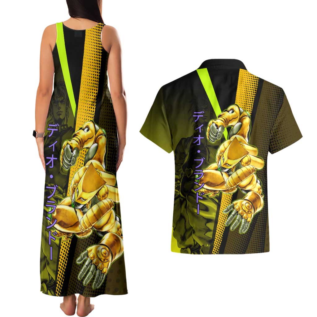 Dio Brando JoJo’s Bizarre Adventure Couples Matching Tank Maxi Dress and Hawaiian Shirt with The World Stand and Comic Graphic - The Mazicc