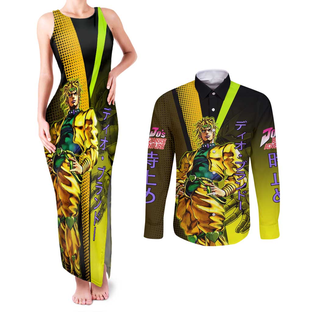 Dio Brando JoJo’s Bizarre Adventure Couples Matching Tank Maxi Dress and Long Sleeve Button Shirt with The World Stand and Comic Graphic - The Mazicc
