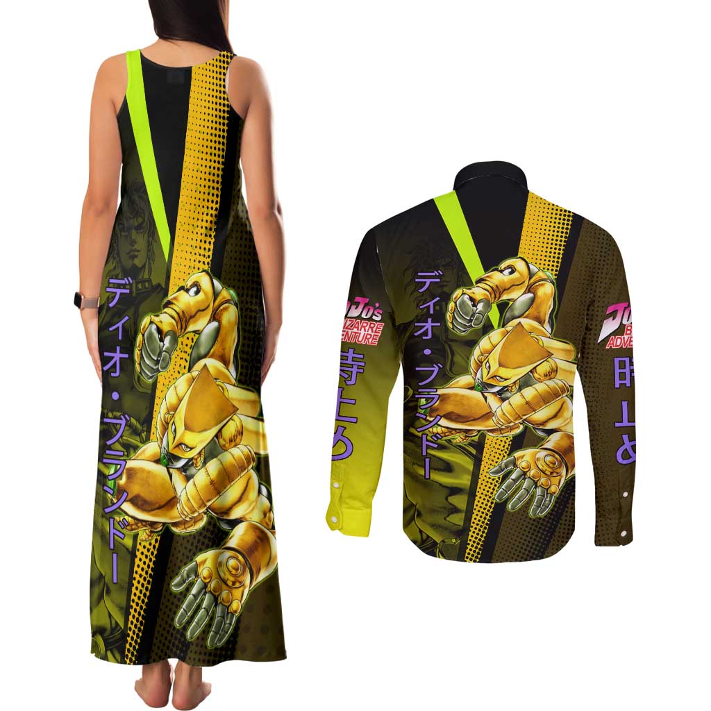 Dio Brando JoJo’s Bizarre Adventure Couples Matching Tank Maxi Dress and Long Sleeve Button Shirt with The World Stand and Comic Graphic - The Mazicc