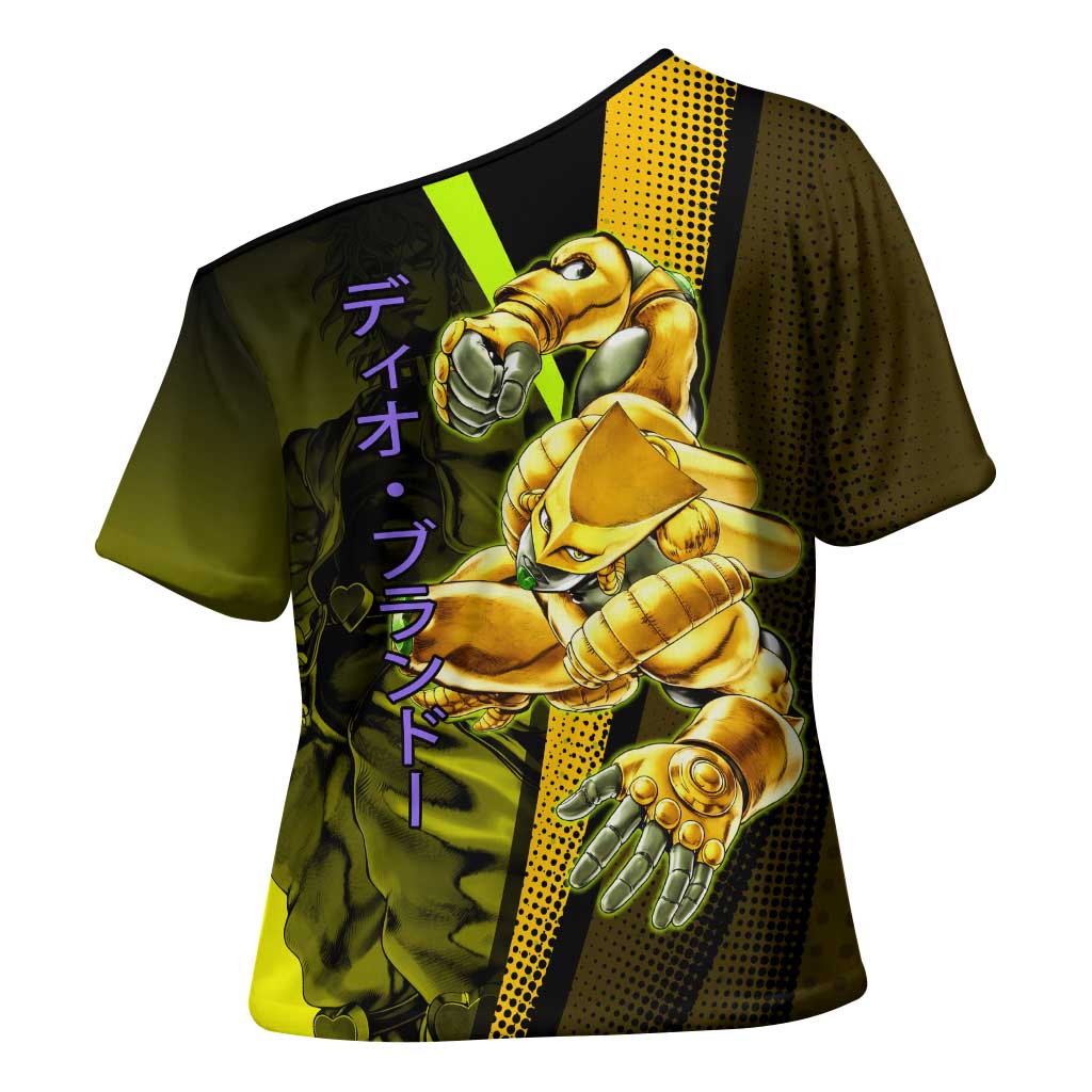 Dio Brando JoJo’s Bizarre Adventure Cross Shoulder Shirt with The World Stand and Comic Graphic - The Mazicc