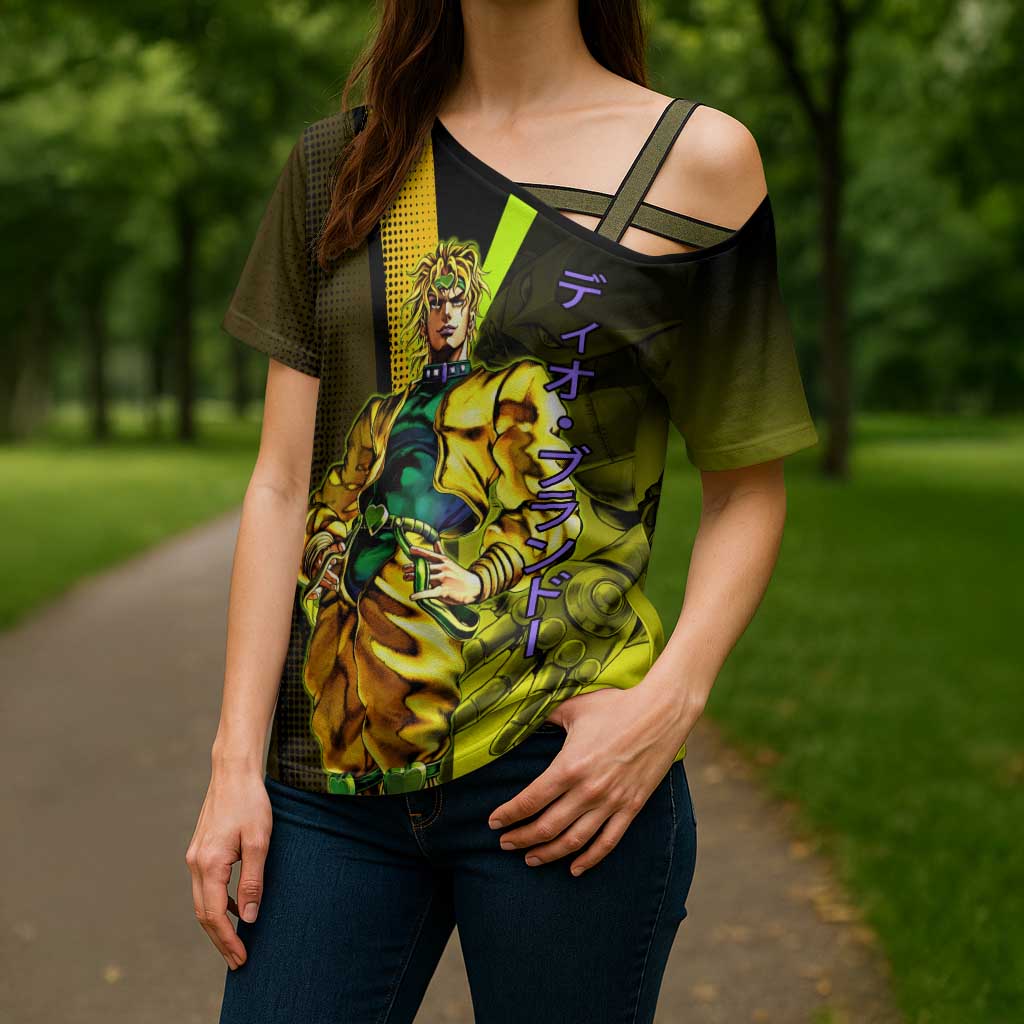 Dio Brando JoJo’s Bizarre Adventure Cross Shoulder Shirt with The World Stand and Comic Graphic - The Mazicc