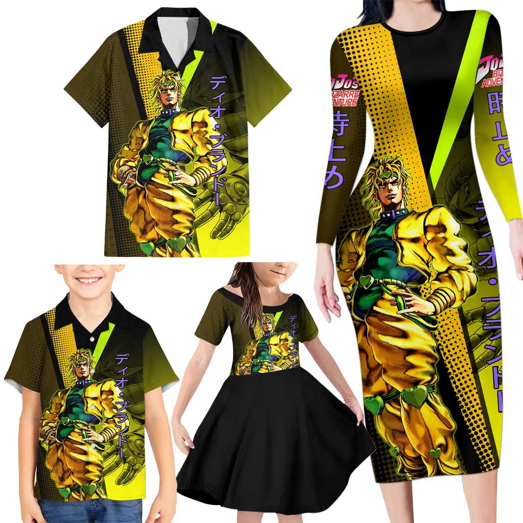 Dio Brando JoJo’s Bizarre Adventure Family Matching Long Sleeve Bodycon Dress and Hawaiian Shirt with The World Stand and Comic Graphic