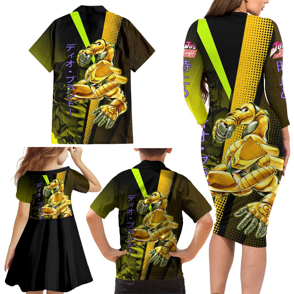 Dio Brando JoJo’s Bizarre Adventure Family Matching Long Sleeve Bodycon Dress and Hawaiian Shirt with The World Stand and Comic Graphic