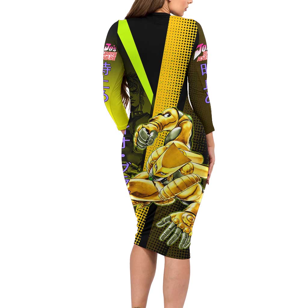 Dio Brando JoJo’s Bizarre Adventure Family Matching Long Sleeve Bodycon Dress and Hawaiian Shirt with The World Stand and Comic Graphic