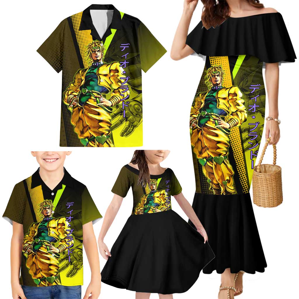 Dio Brando JoJo’s Bizarre Adventure Family Matching Mermaid Dress and Hawaiian Shirt with The World Stand and Comic Graphic