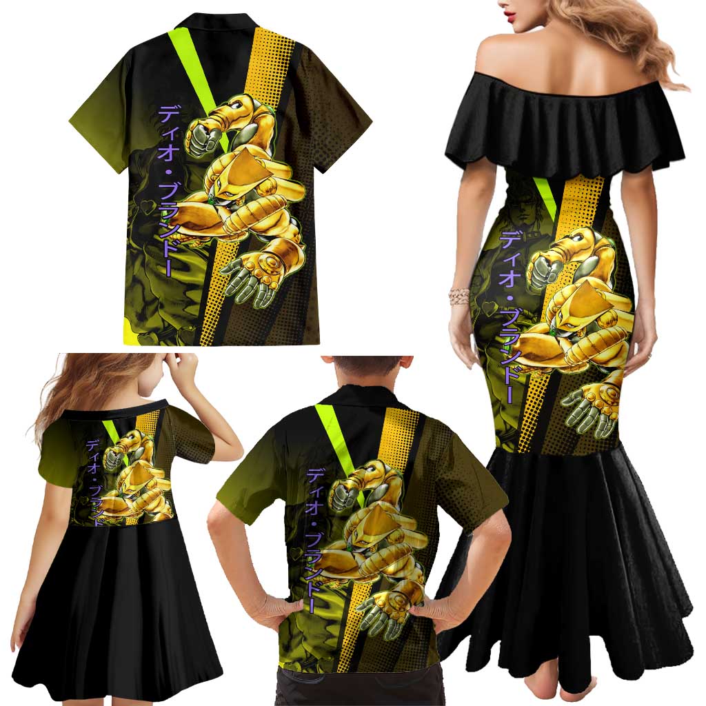 Dio Brando JoJo’s Bizarre Adventure Family Matching Mermaid Dress and Hawaiian Shirt with The World Stand and Comic Graphic