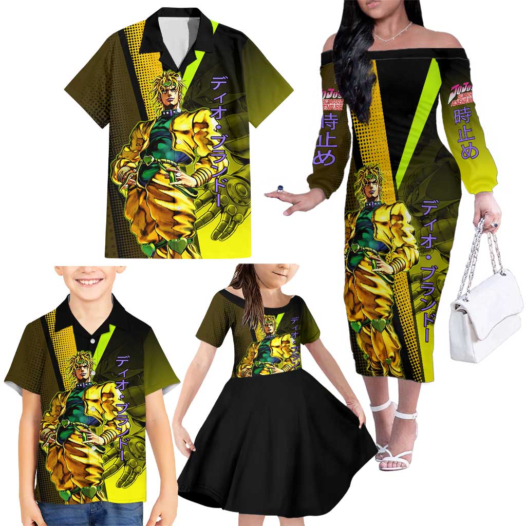 Dio Brando JoJo’s Bizarre Adventure Family Matching Off The Shoulder Long Sleeve Dress and Hawaiian Shirt with The World Stand and Comic Graphic