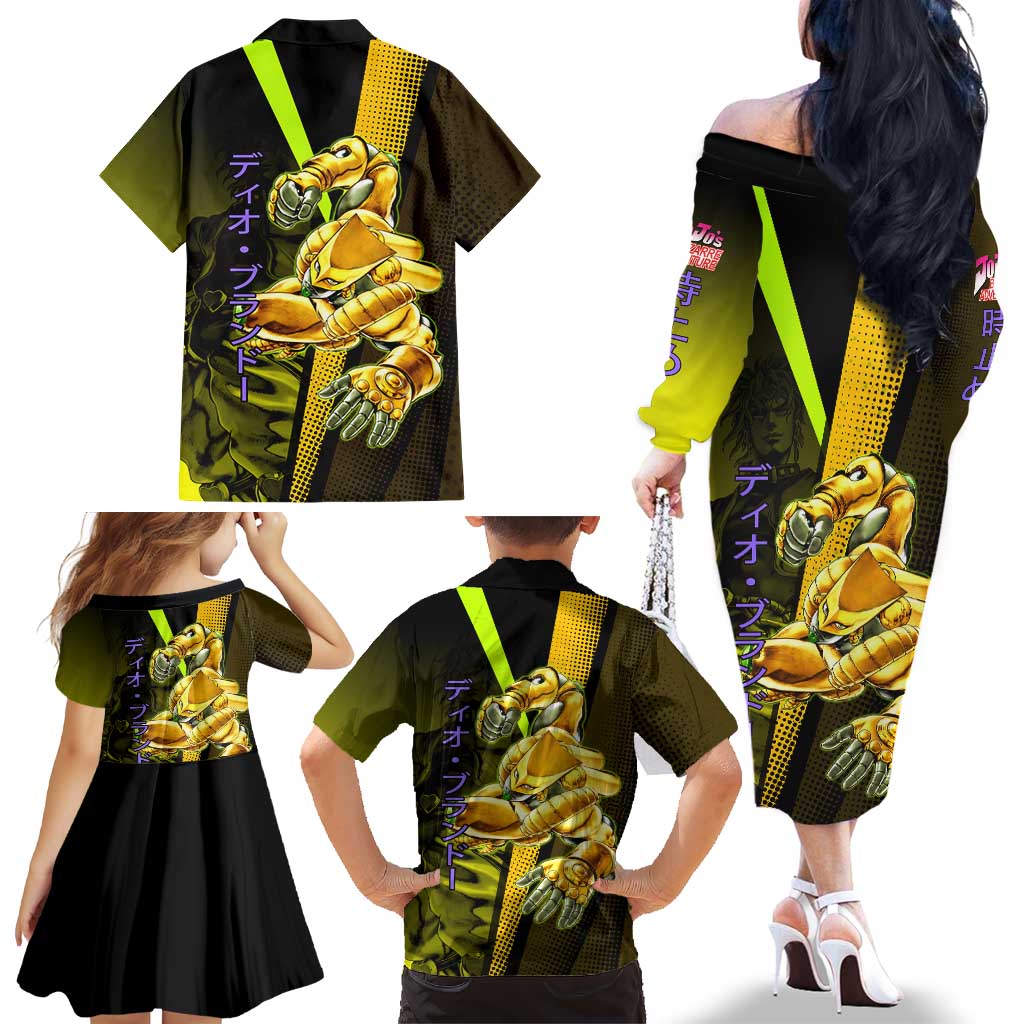 Dio Brando JoJo’s Bizarre Adventure Family Matching Off The Shoulder Long Sleeve Dress and Hawaiian Shirt with The World Stand and Comic Graphic