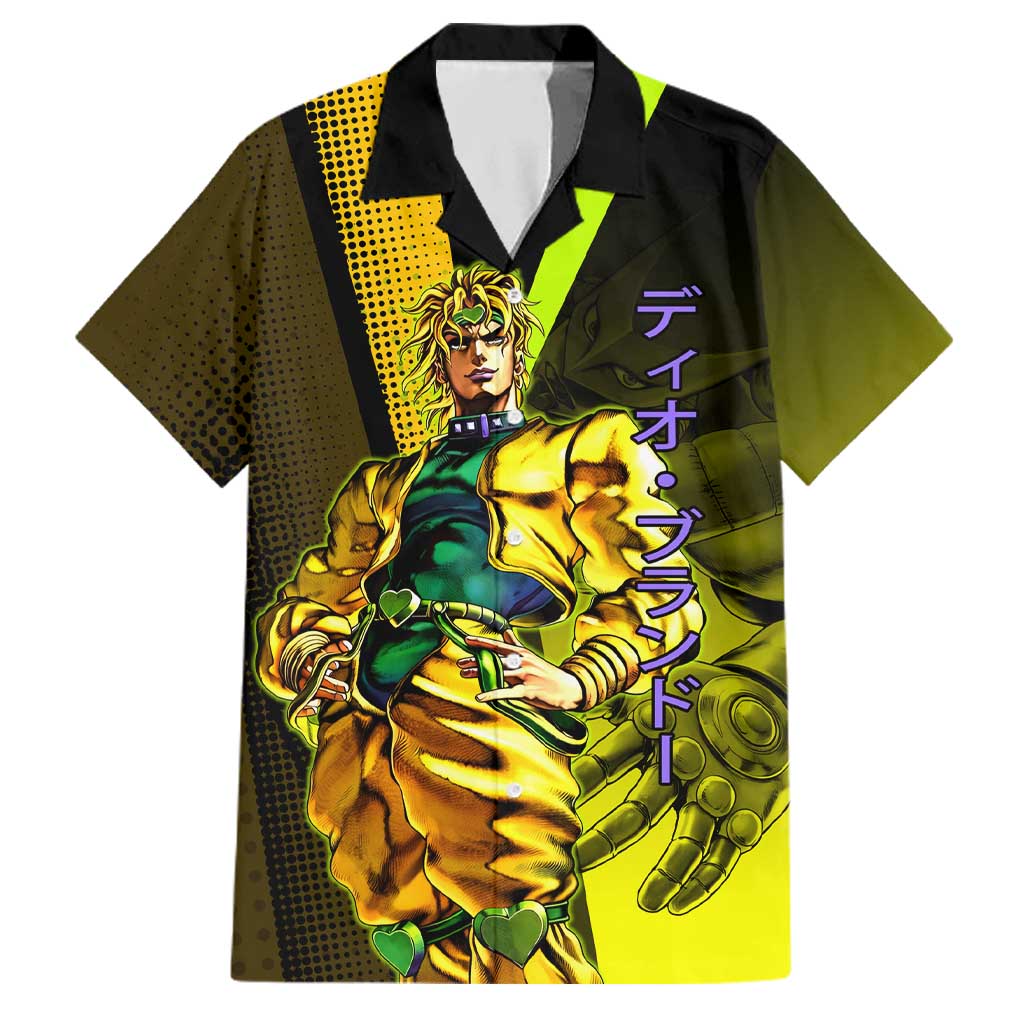 Dio Brando JoJo’s Bizarre Adventure Family Matching Off The Shoulder Long Sleeve Dress and Hawaiian Shirt with The World Stand and Comic Graphic