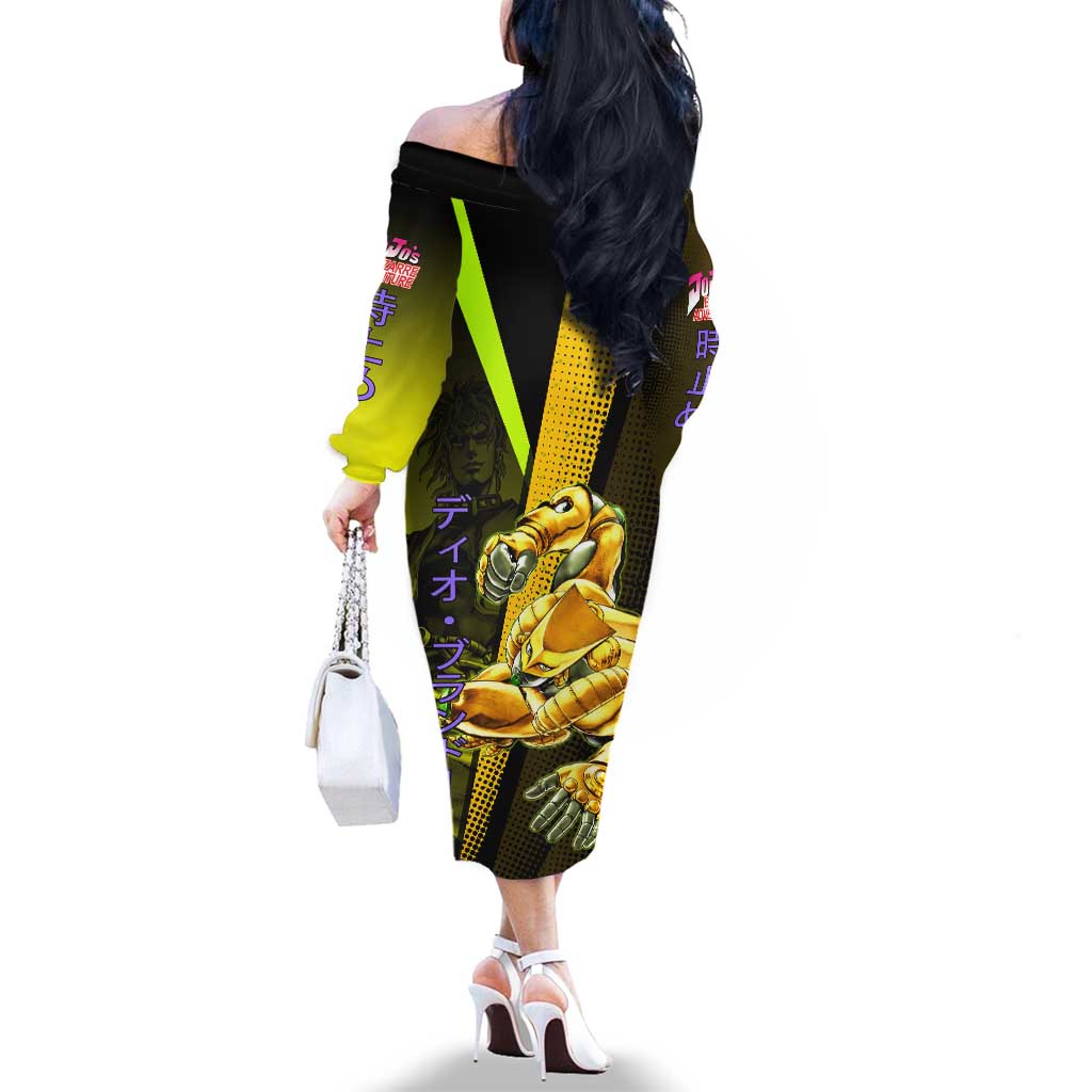 Dio Brando JoJo’s Bizarre Adventure Family Matching Off The Shoulder Long Sleeve Dress and Hawaiian Shirt with The World Stand and Comic Graphic