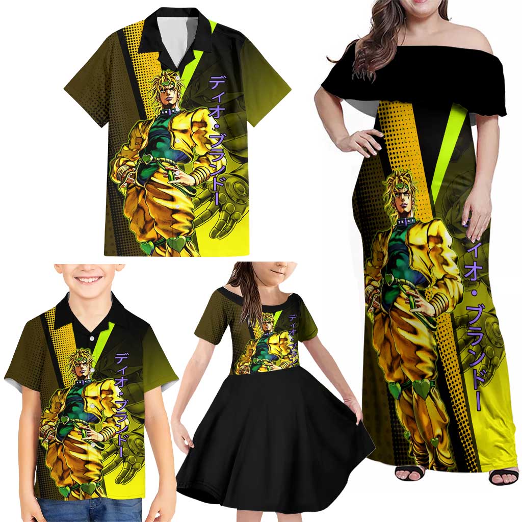 Dio Brando JoJo’s Bizarre Adventure Family Matching Off Shoulder Maxi Dress and Hawaiian Shirt with The World Stand and Comic Graphic
