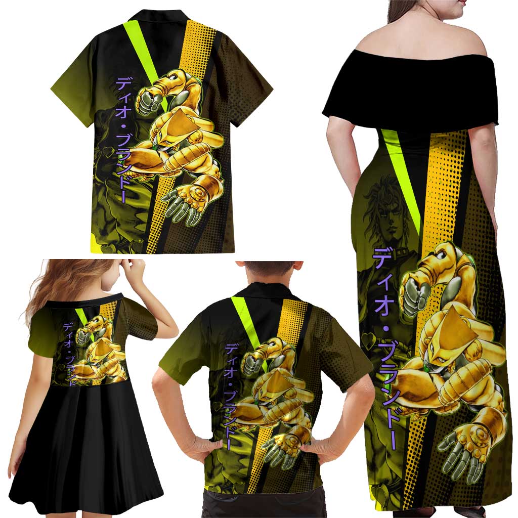 Dio Brando JoJo’s Bizarre Adventure Family Matching Off Shoulder Maxi Dress and Hawaiian Shirt with The World Stand and Comic Graphic