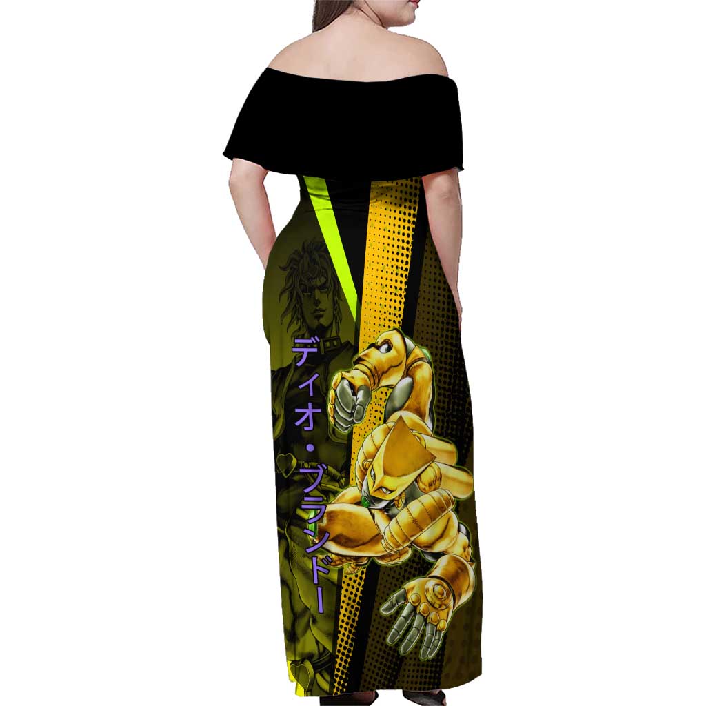 Dio Brando JoJo’s Bizarre Adventure Family Matching Off Shoulder Maxi Dress and Hawaiian Shirt with The World Stand and Comic Graphic