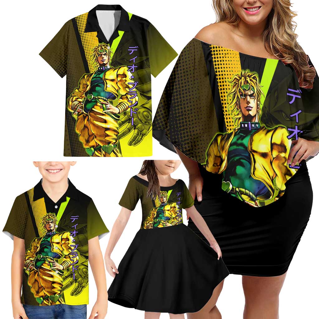 Dio Brando JoJo’s Bizarre Adventure Family Matching Off Shoulder Short Dress and Hawaiian Shirt with The World Stand and Comic Graphic