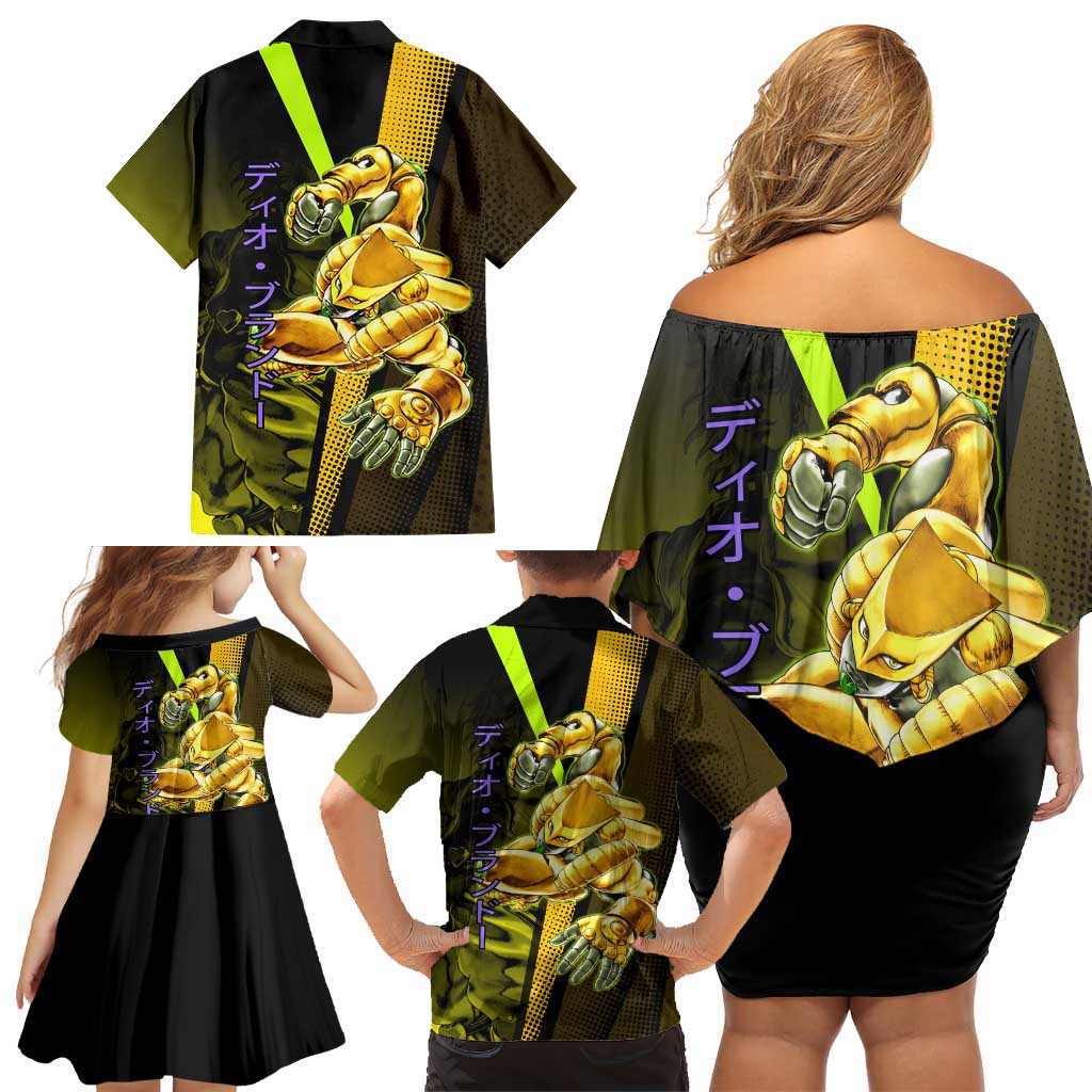 Dio Brando JoJo’s Bizarre Adventure Family Matching Off Shoulder Short Dress and Hawaiian Shirt with The World Stand and Comic Graphic
