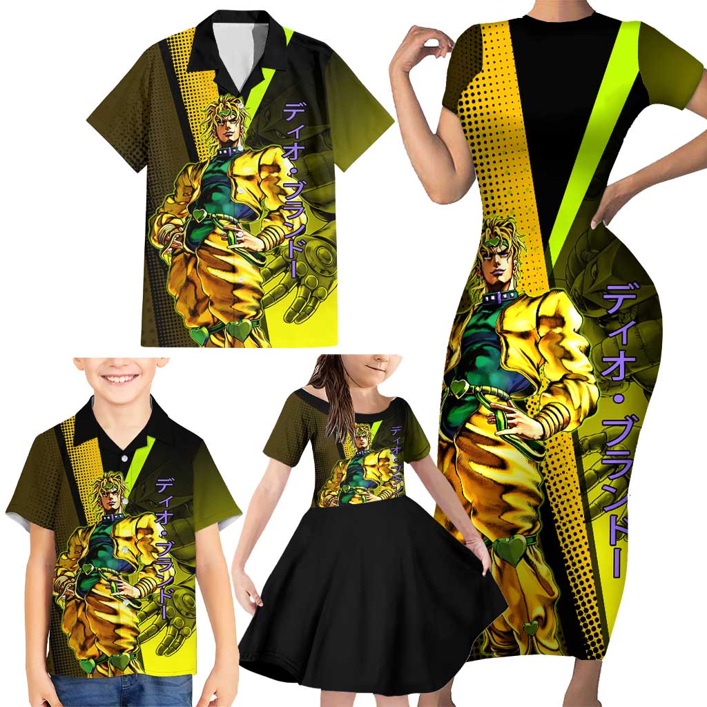 Dio Brando JoJo’s Bizarre Adventure Family Matching Short Sleeve Bodycon Dress and Hawaiian Shirt with The World Stand and Comic Graphic