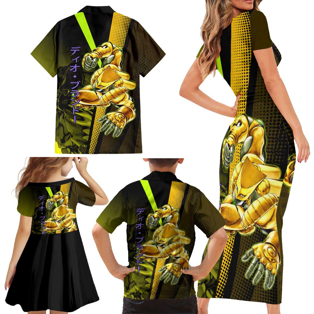 Dio Brando JoJo’s Bizarre Adventure Family Matching Short Sleeve Bodycon Dress and Hawaiian Shirt with The World Stand and Comic Graphic