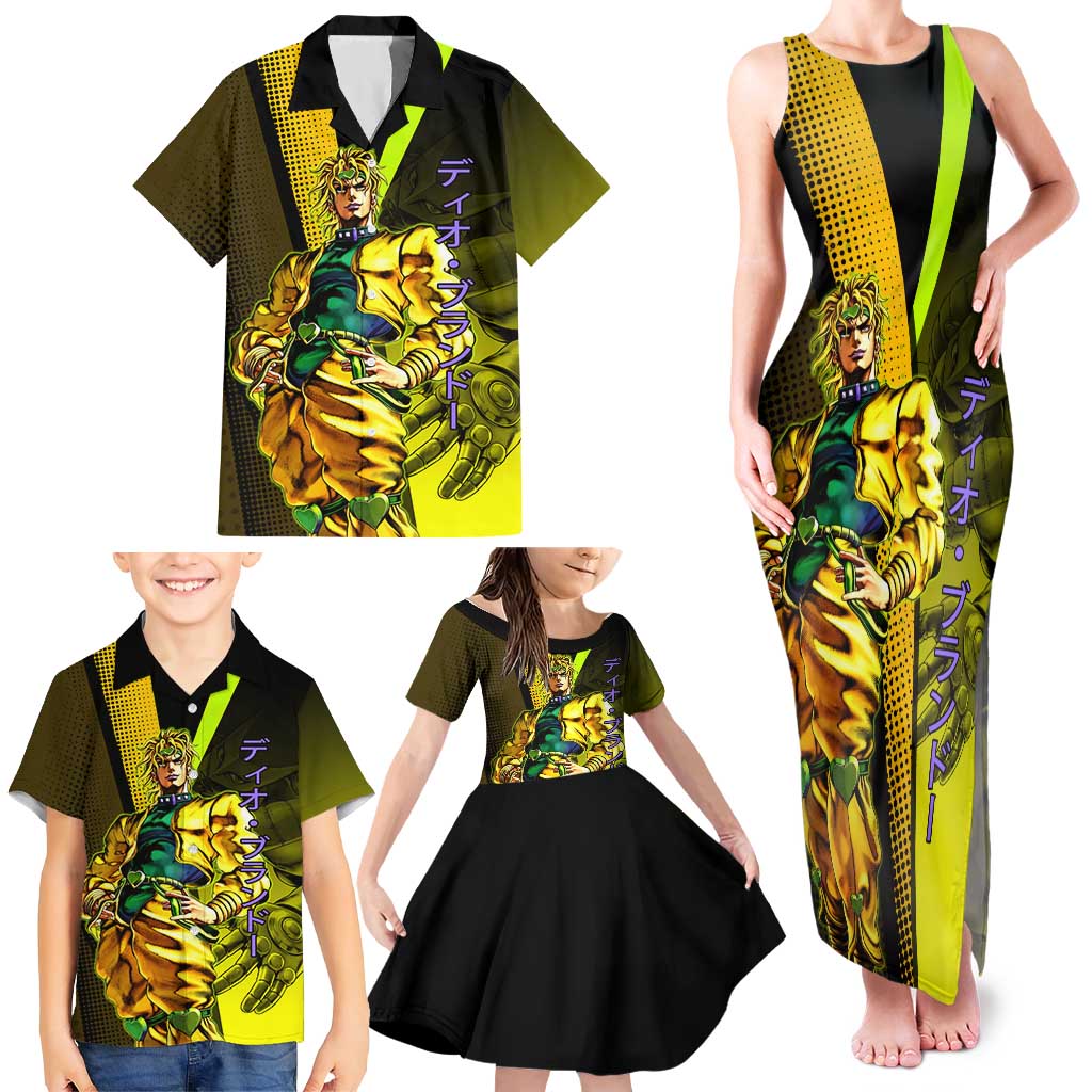Dio Brando JoJo’s Bizarre Adventure Family Matching Tank Maxi Dress and Hawaiian Shirt with The World Stand and Comic Graphic