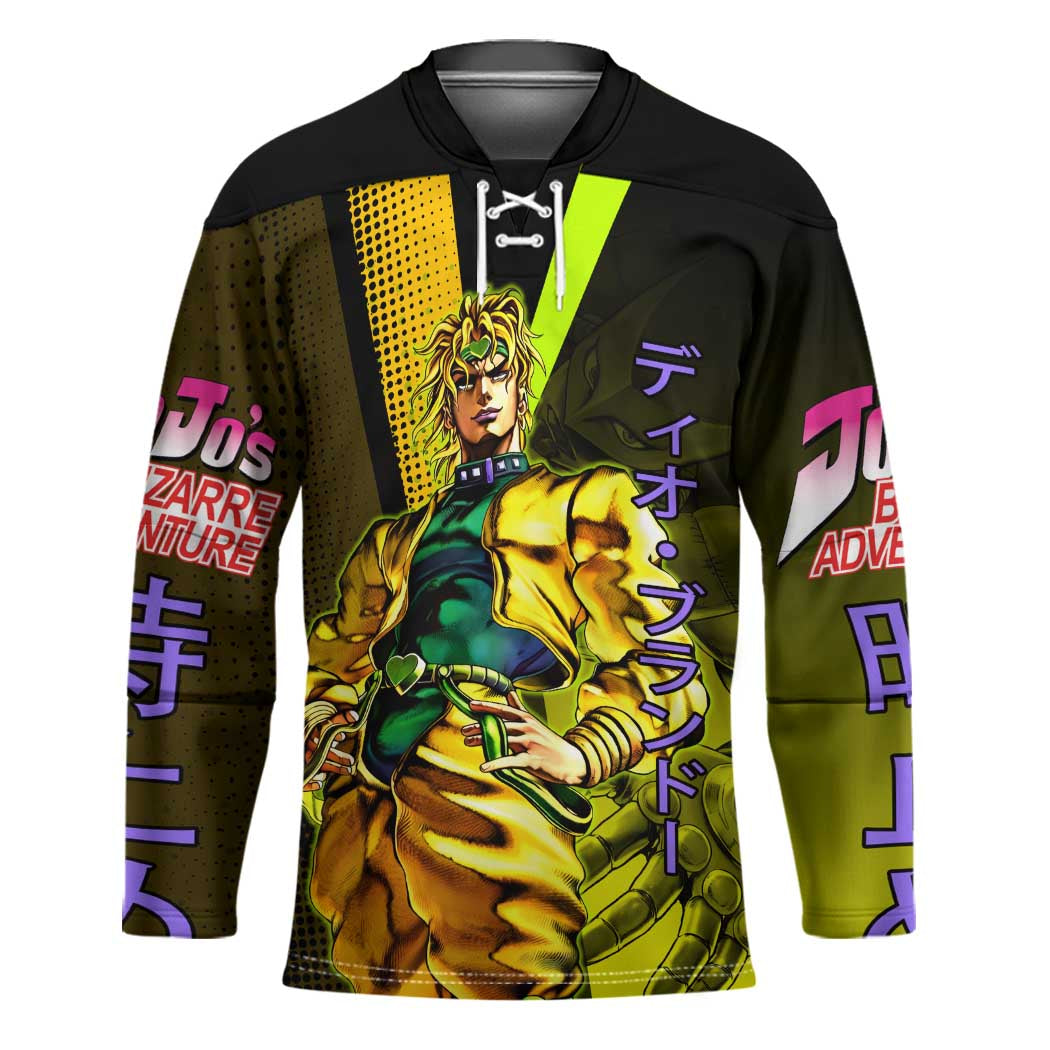 Dio Brando JoJo’s Bizarre Adventure Hockey Jersey with The World Stand and Comic Graphic - The Mazicc