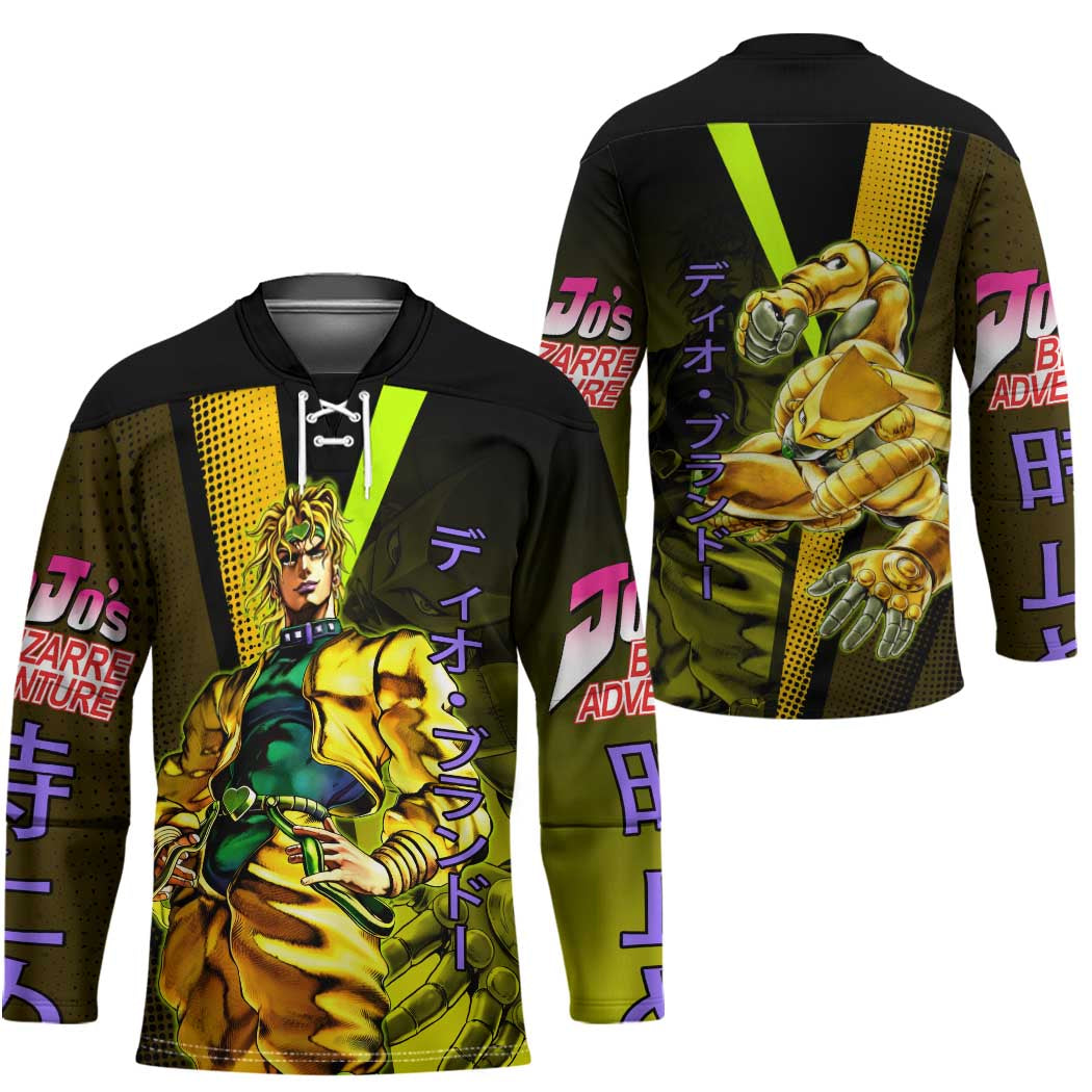 Dio Brando JoJo’s Bizarre Adventure Hockey Jersey with The World Stand and Comic Graphic - The Mazicc
