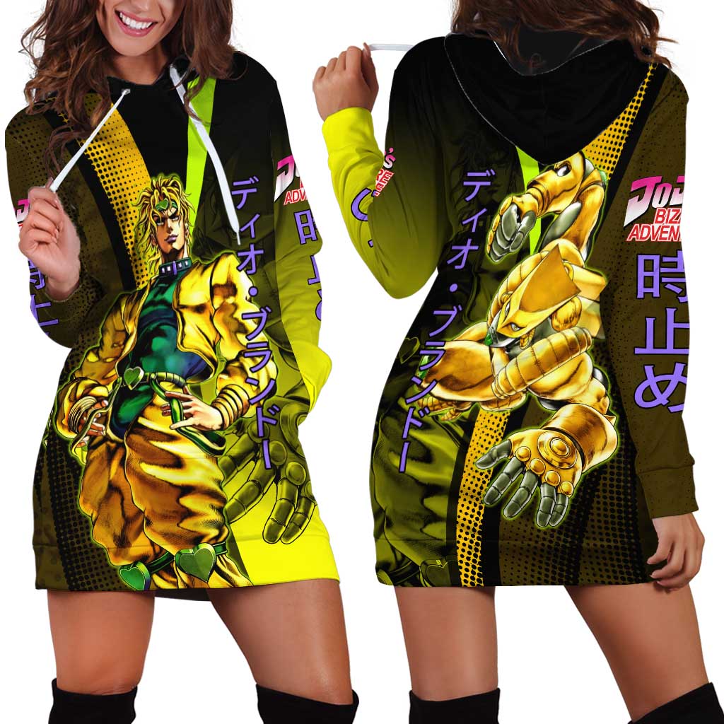 Dio Brando JoJo’s Bizarre Adventure Hoodie Dress with The World Stand and Comic Graphic - The Mazicc