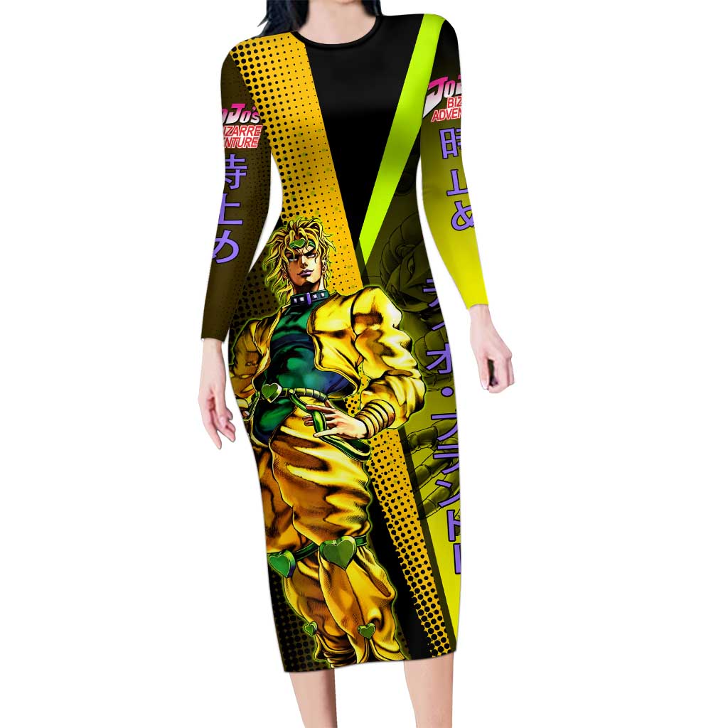 Dio Brando JoJo’s Bizarre Adventure Long Sleeve Bodycon Dress with The World Stand and Comic Graphic - The Mazicc