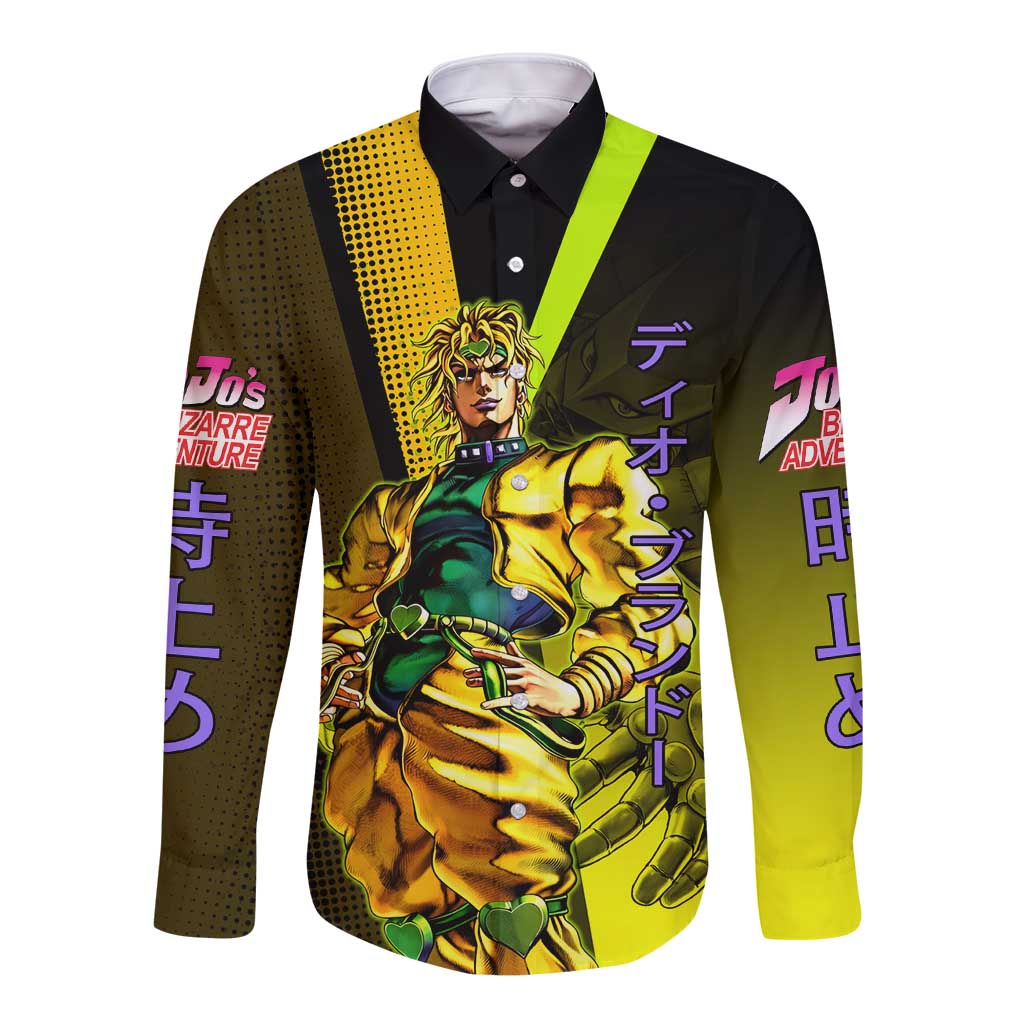 Dio Brando JoJo’s Bizarre Adventure Long Sleeve Button Shirt with The World Stand and Comic Graphic - The Mazicc