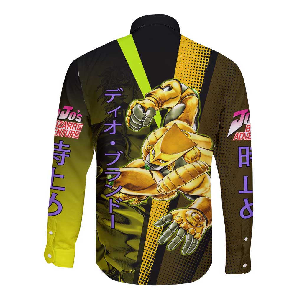 Dio Brando JoJo’s Bizarre Adventure Long Sleeve Button Shirt with The World Stand and Comic Graphic - The Mazicc