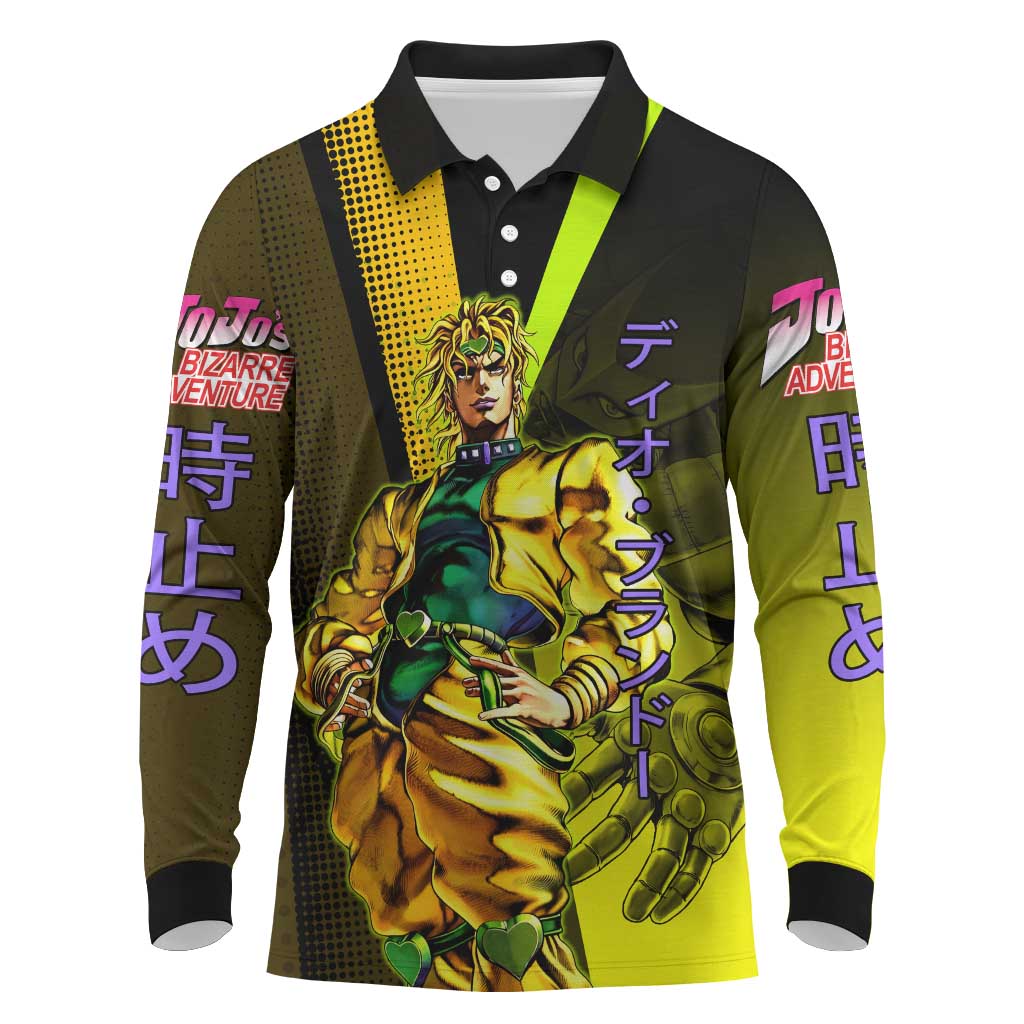 Dio Brando JoJo’s Bizarre Adventure Long Sleeve Polo Shirt with The World Stand and Comic Graphic - The Mazicc