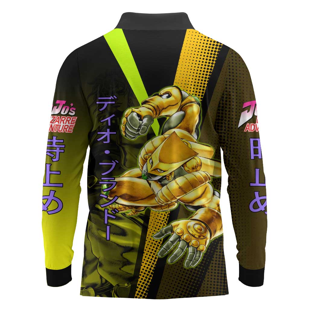 Dio Brando JoJo’s Bizarre Adventure Long Sleeve Polo Shirt with The World Stand and Comic Graphic - The Mazicc
