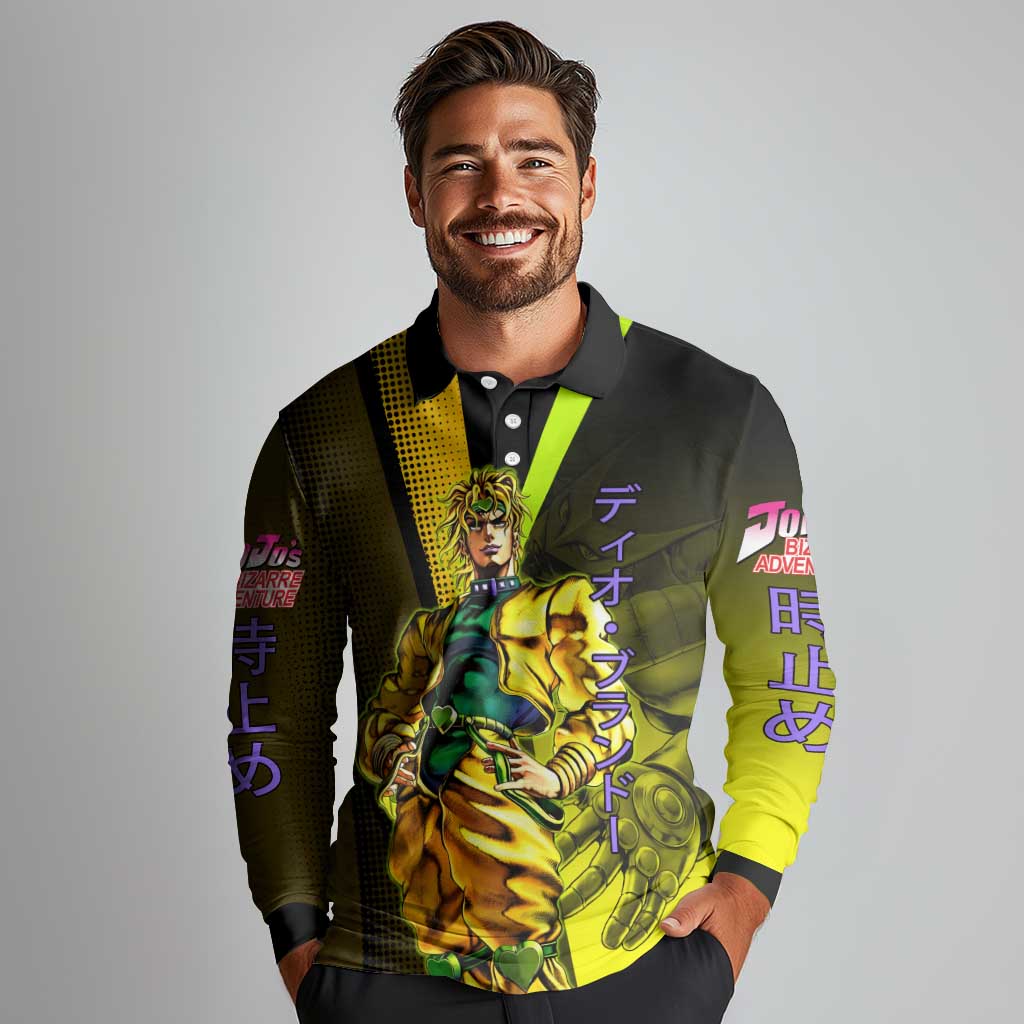 Dio Brando JoJo’s Bizarre Adventure Long Sleeve Polo Shirt with The World Stand and Comic Graphic - The Mazicc