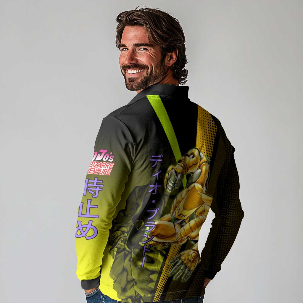 Dio Brando JoJo’s Bizarre Adventure Long Sleeve Polo Shirt with The World Stand and Comic Graphic - The Mazicc